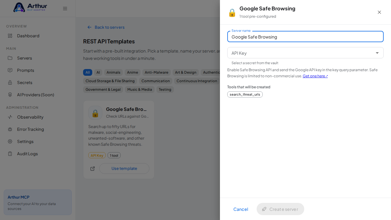 Open the Google Safe Browsing template with its preconfigured tools