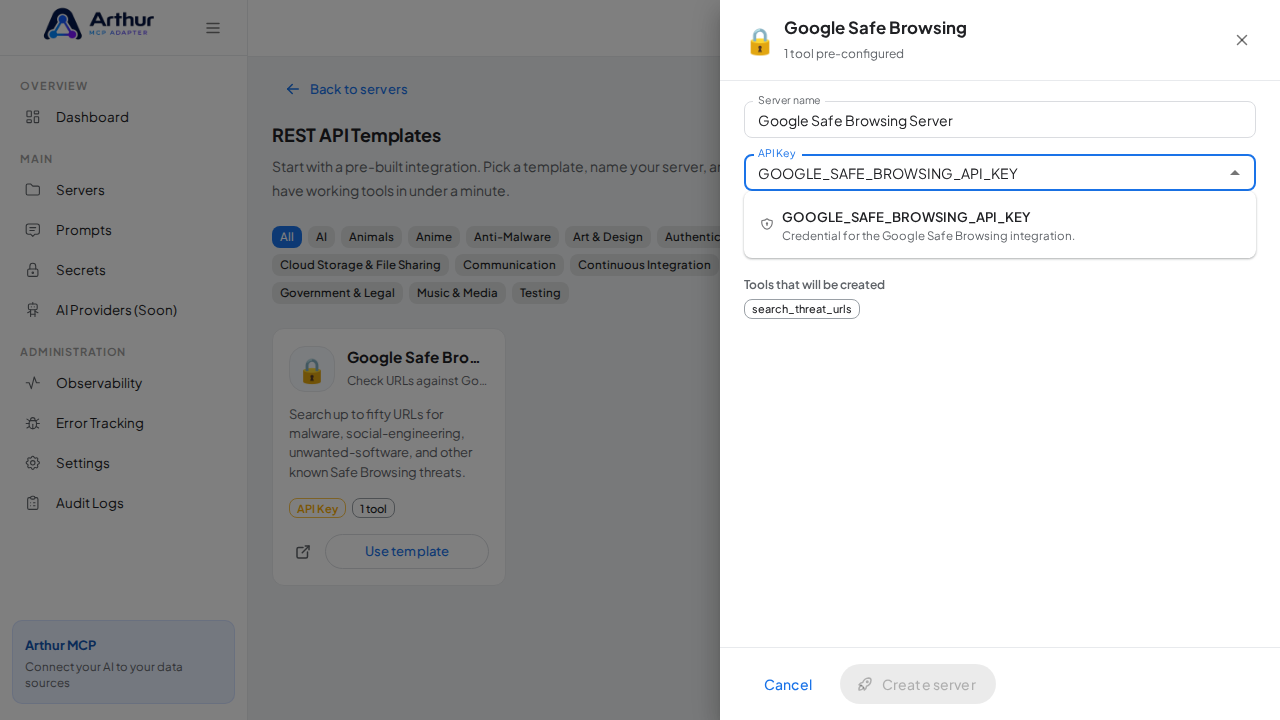 Pick the GOOGLESAFEBROWSINGAPIKEY secret from the vault suggestions