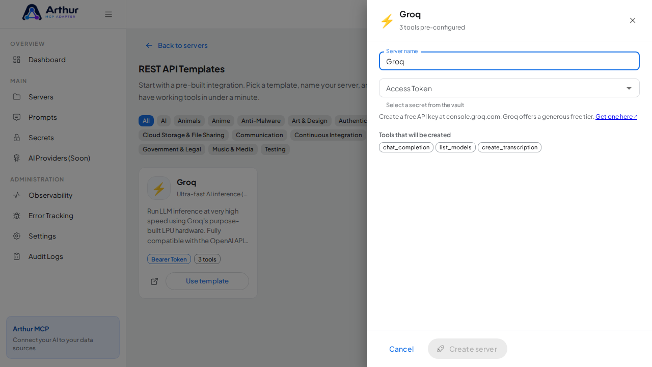 Open the Groq template with its preconfigured tools