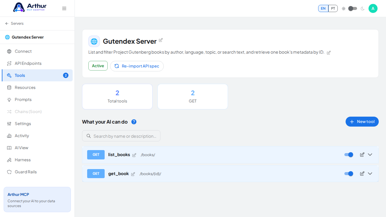 Review the tools generated from the Gutendex template