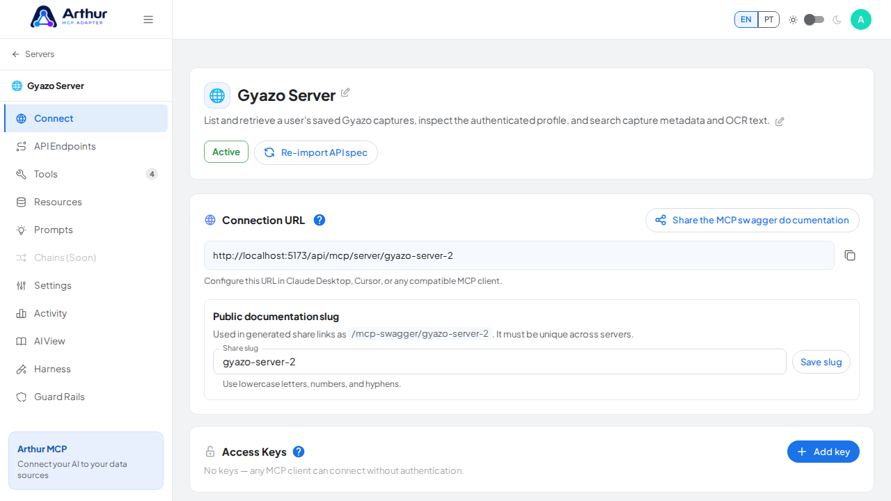 Open the server's Connect section, where the MCP endpoint and its documentation live