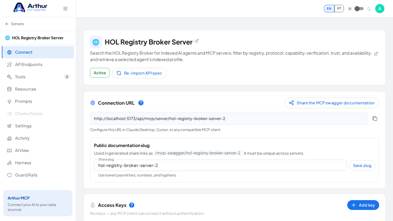 Open the server's Connect section, where the MCP endpoint and its documentation live