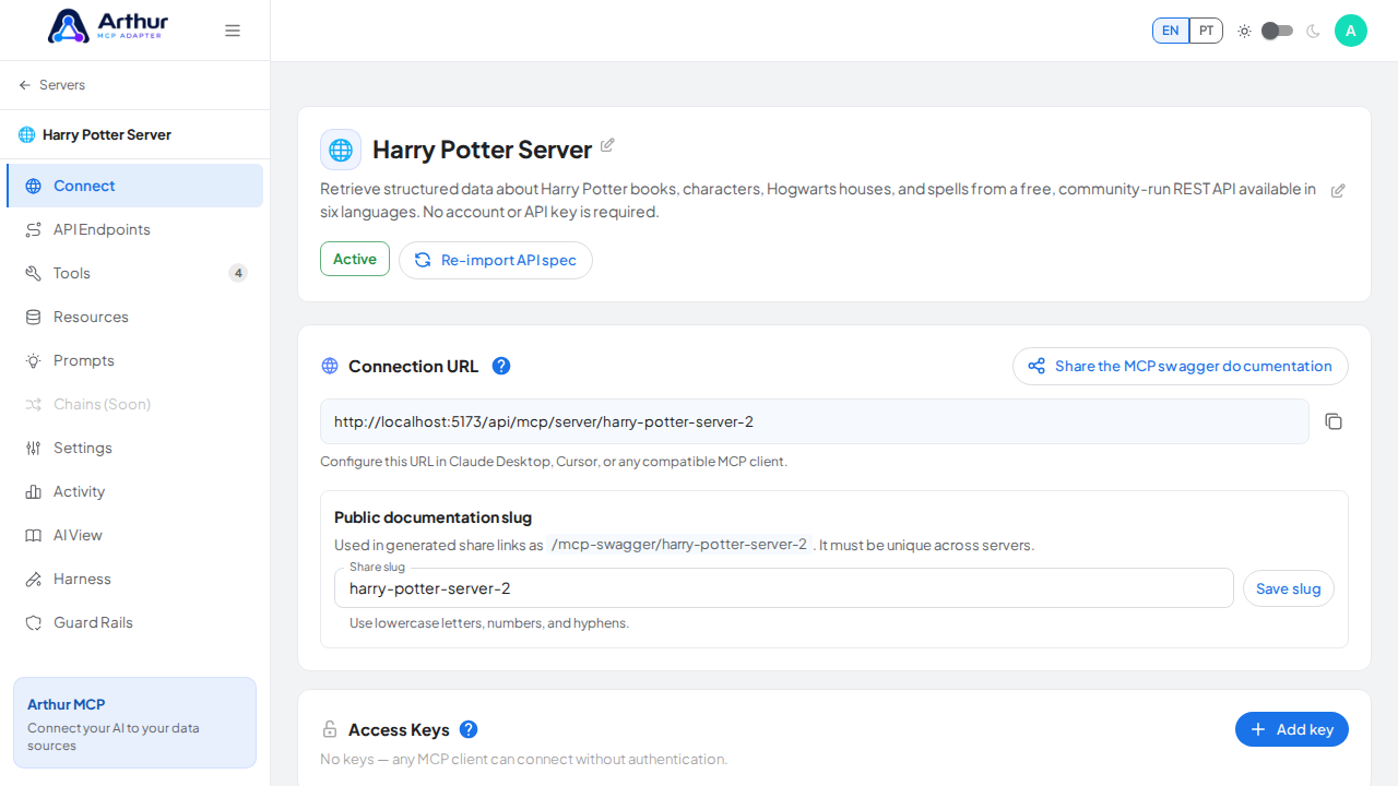 Open the server's Connect section, where the MCP endpoint and its documentation live