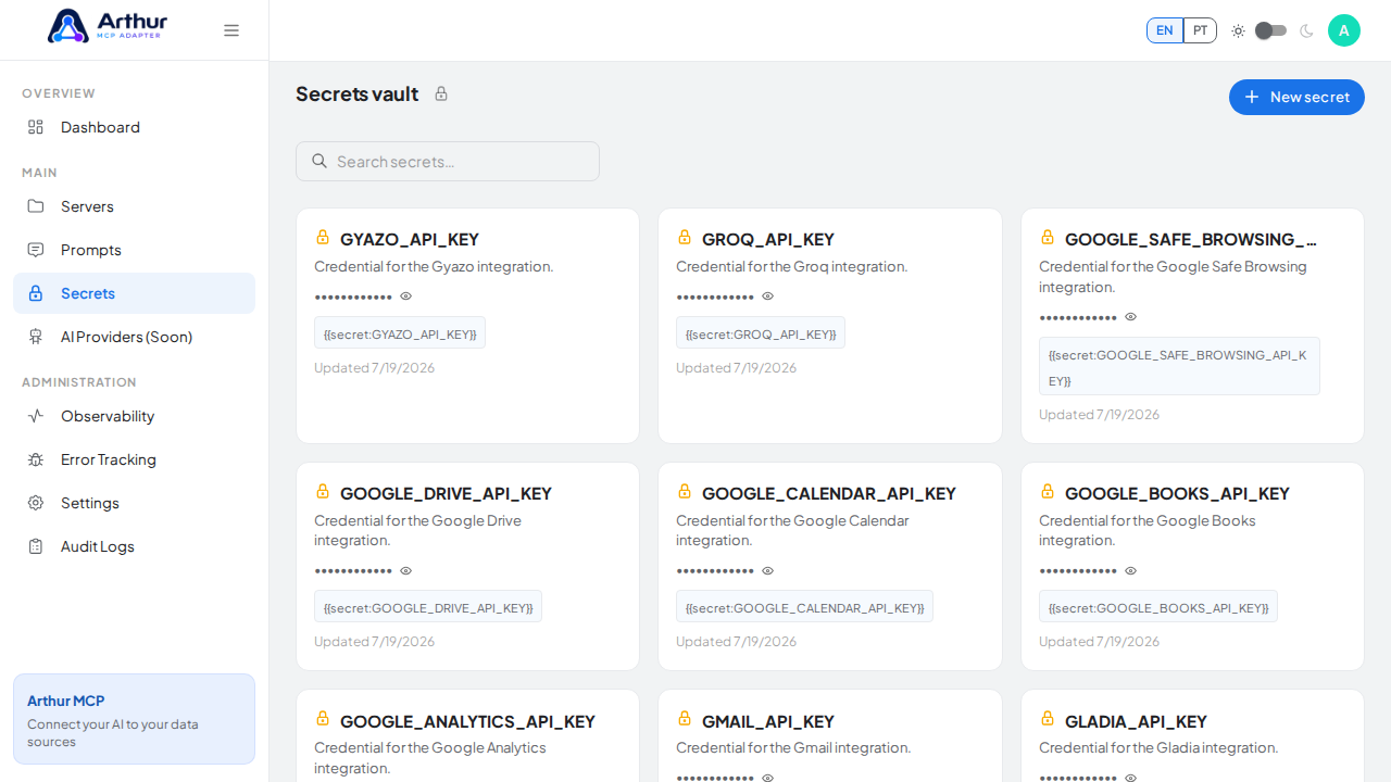 Open the Secrets vault to store the Harvard Art Museums credential before using the template