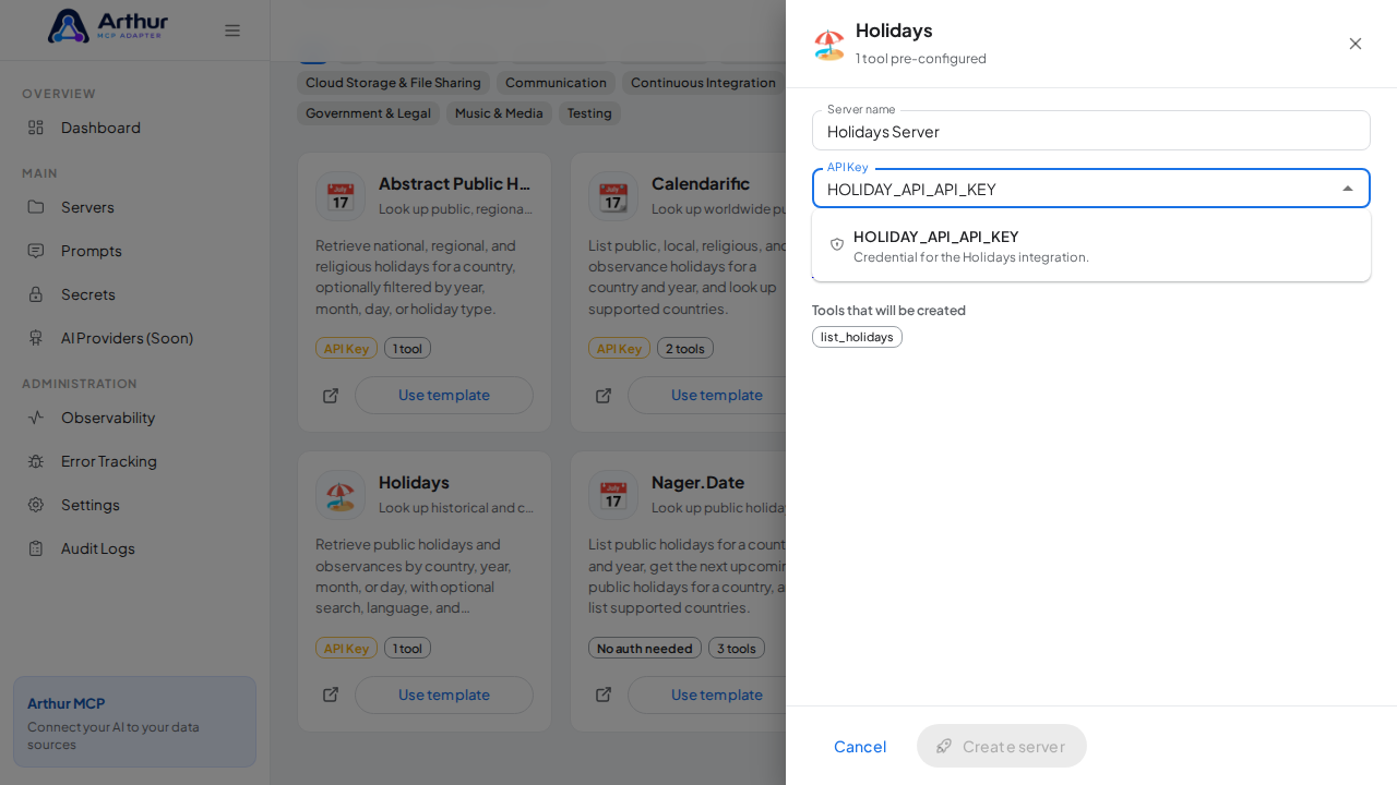 Pick the HOLIDAYAPIAPIKEY secret from the vault suggestions