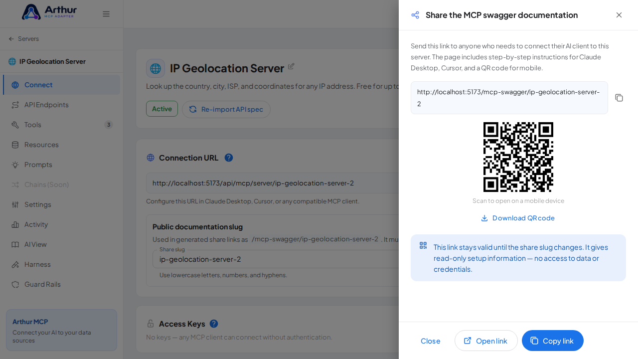 Show the generated swagger documentation link and QR code for this server