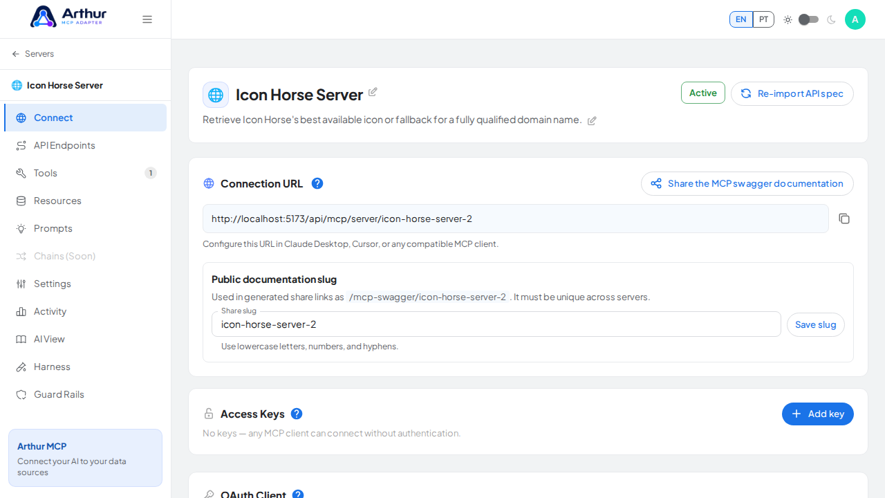 Open the server's Connect section, where the MCP endpoint and its documentation live
