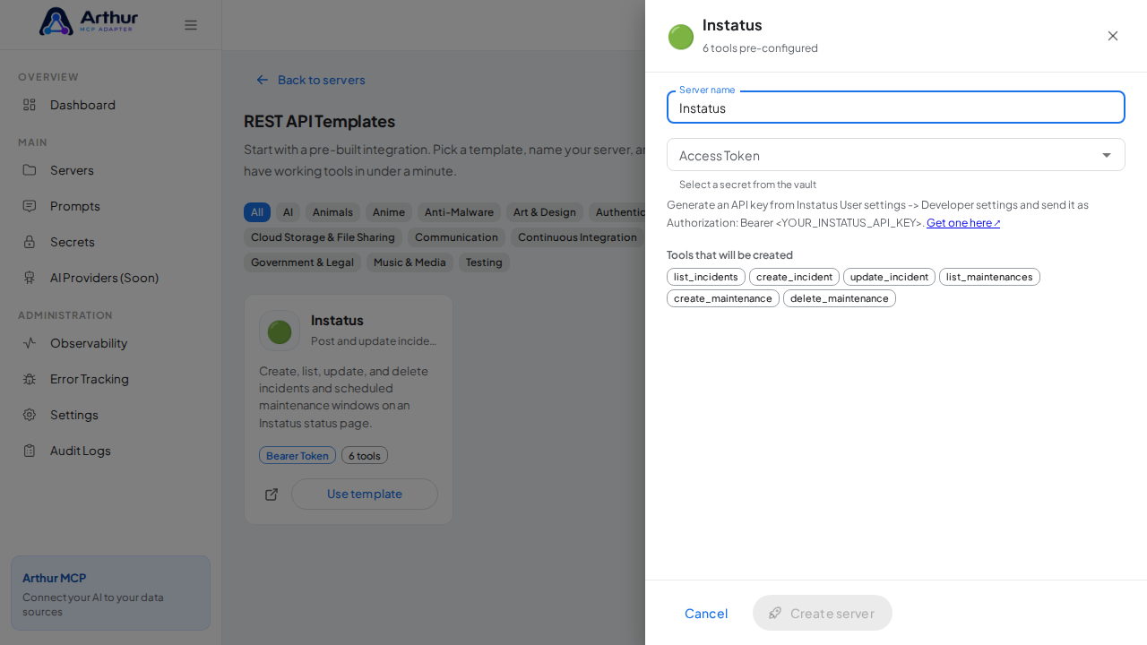 Open the Instatus template with its preconfigured tools