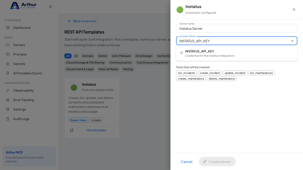 Pick the INSTATUSAPIKEY secret from the vault suggestions