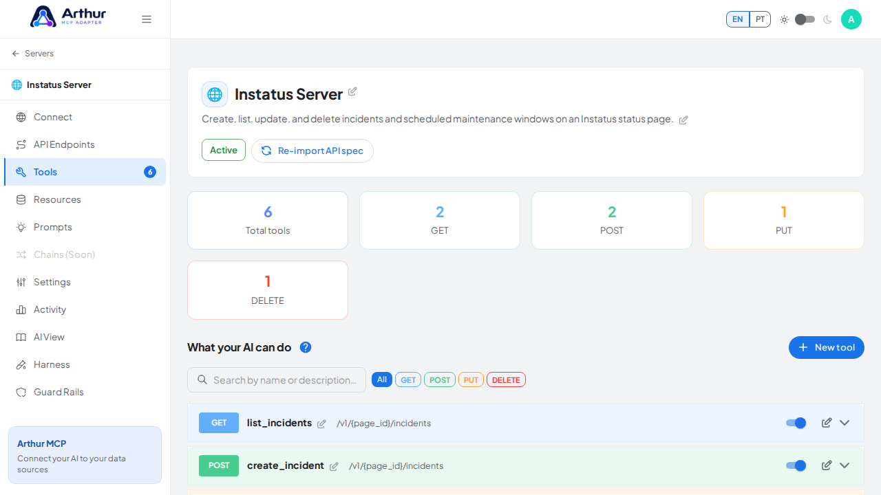 Review the tools generated from the Instatus template