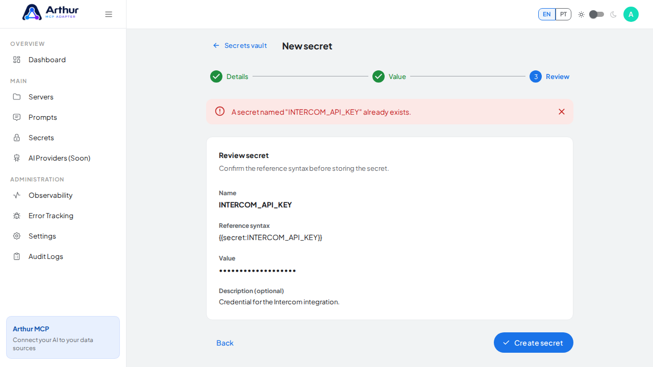 Store the INTERCOMAPIKEY secret in the vault