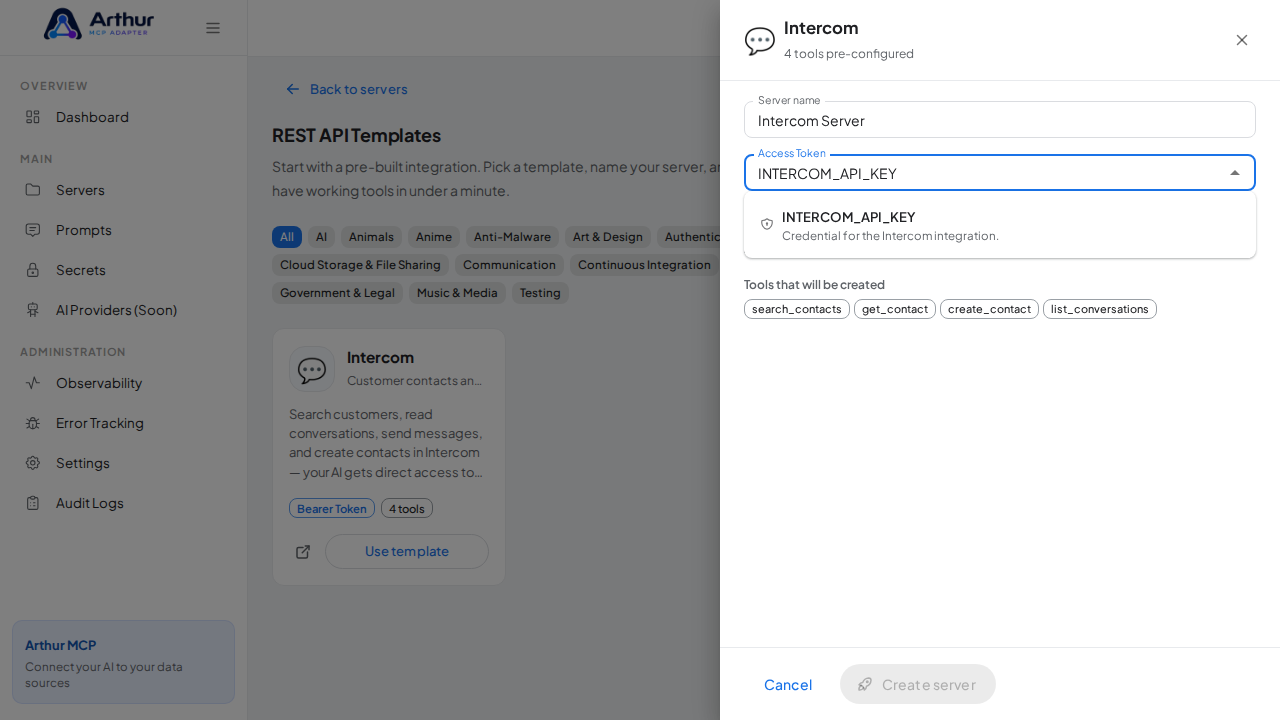 Pick the INTERCOMAPIKEY secret from the vault suggestions
