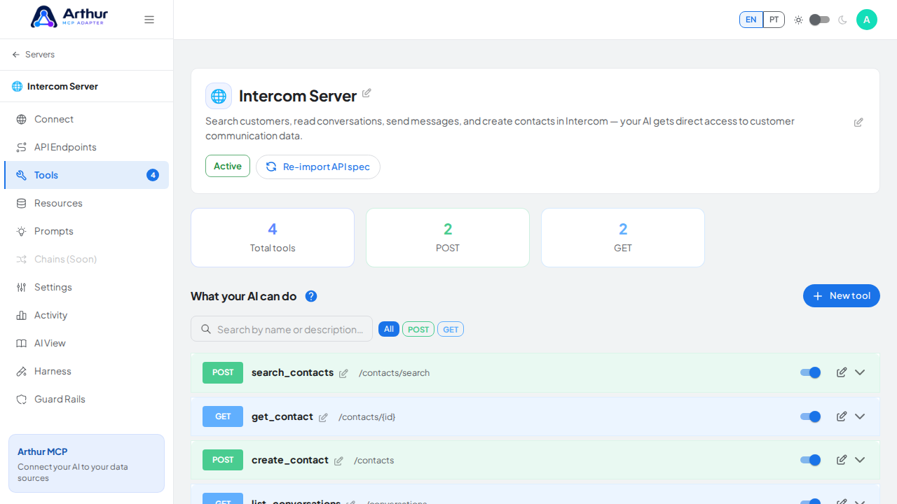 Review the tools generated from the Intercom template
