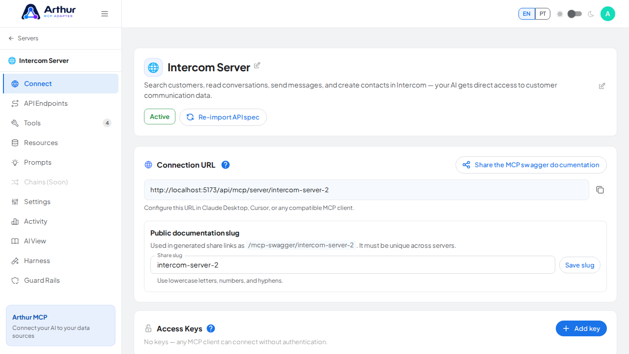Open the server's Connect section, where the MCP endpoint and its documentation live
