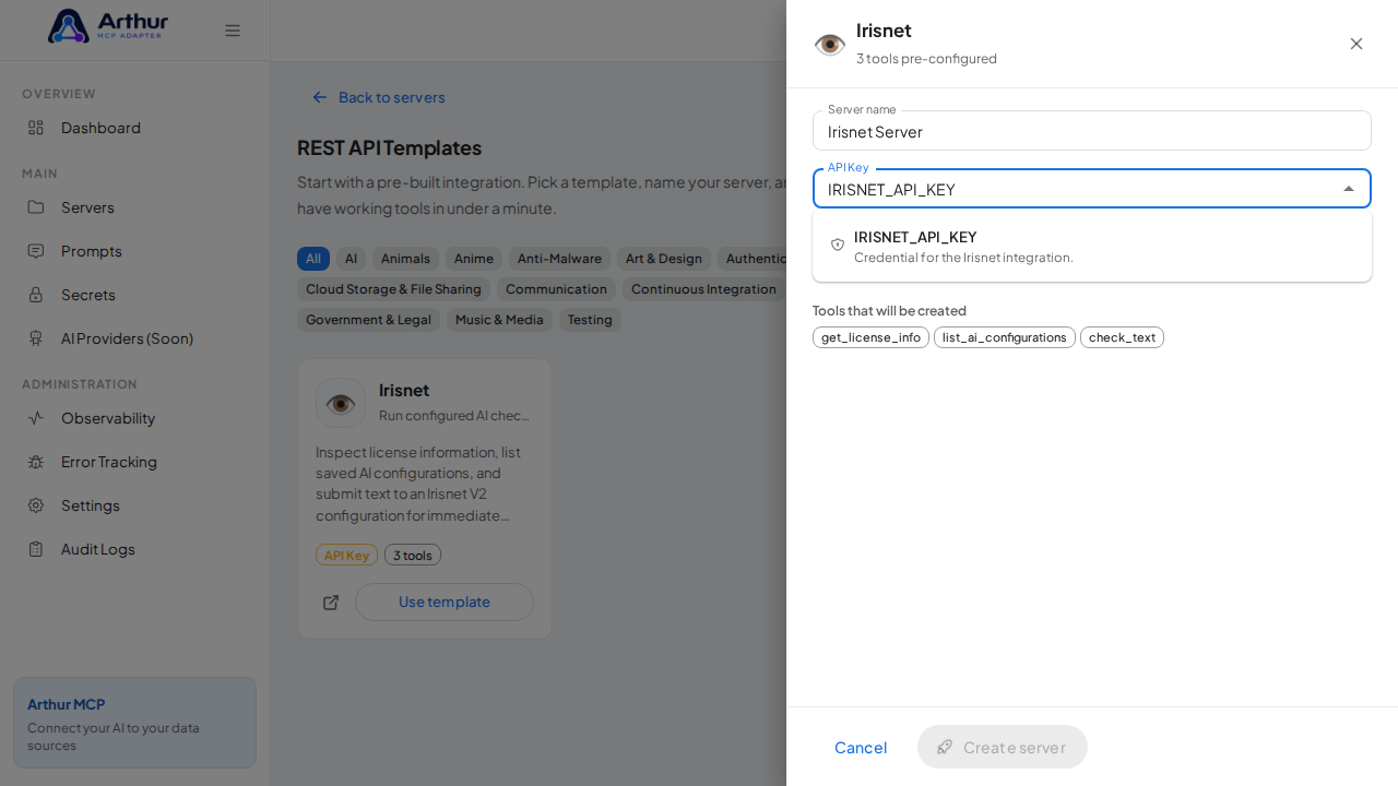 Pick the IRISNETAPIKEY secret from the vault suggestions