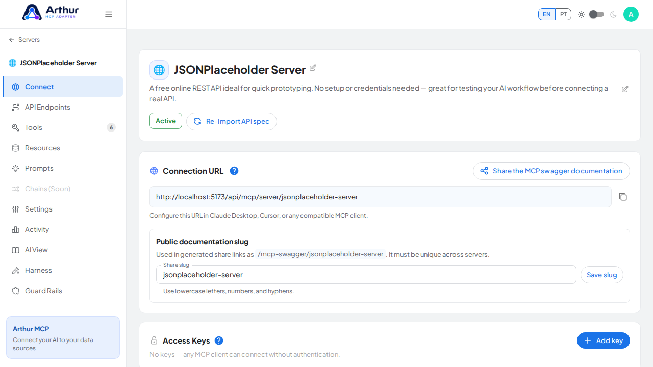 Open the server's Connect section, where the MCP endpoint and its documentation live