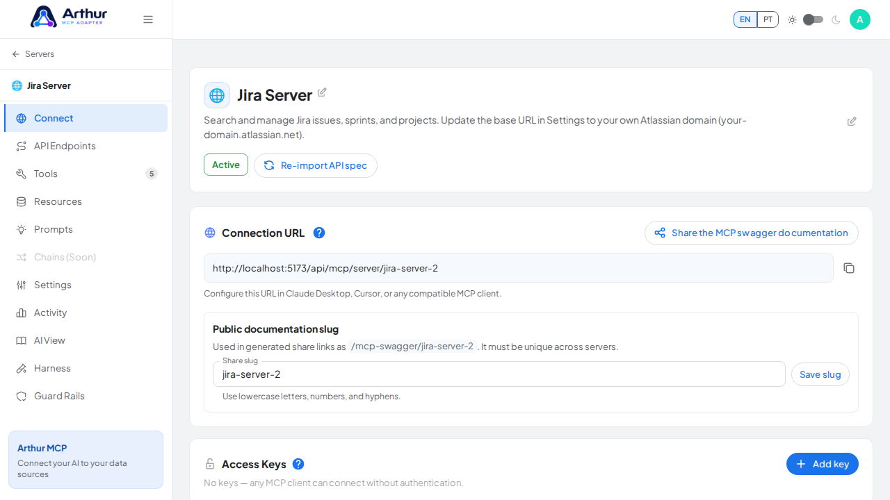 Open the server's Connect section, where the MCP endpoint and its documentation live