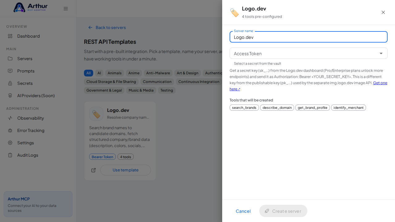 Open the Logo.dev template with its preconfigured tools