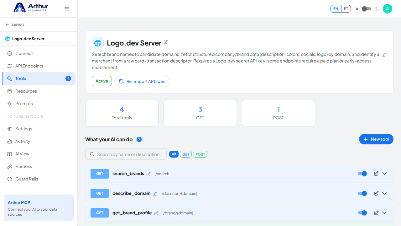 Review the tools generated from the Logo.dev template