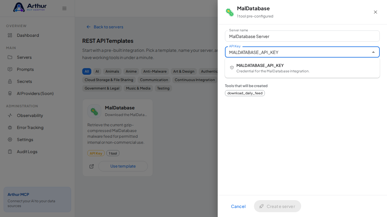 Pick the MALDATABASEAPIKEY secret from the vault suggestions