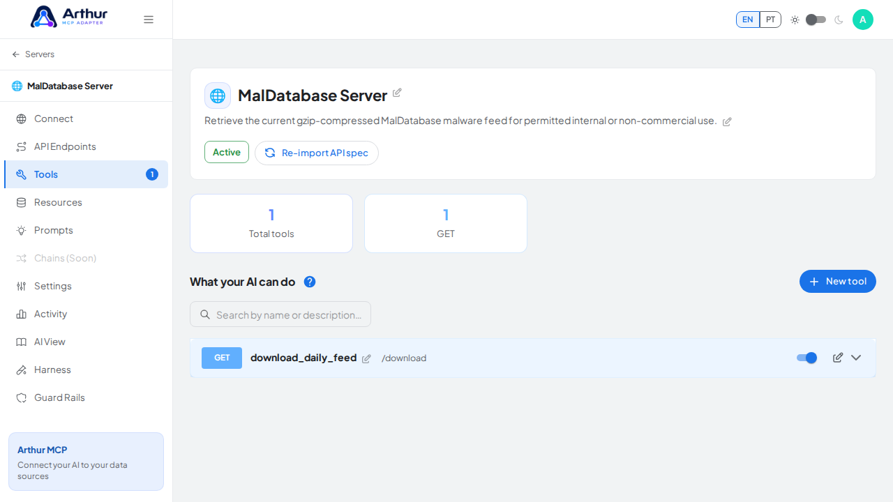 Review the tools generated from the MalDatabase template