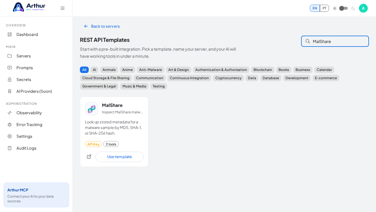 Search the gallery for the MalShare integration