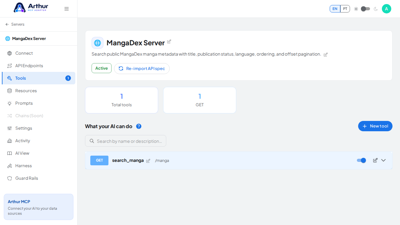 Review the tools generated from the MangaDex template
