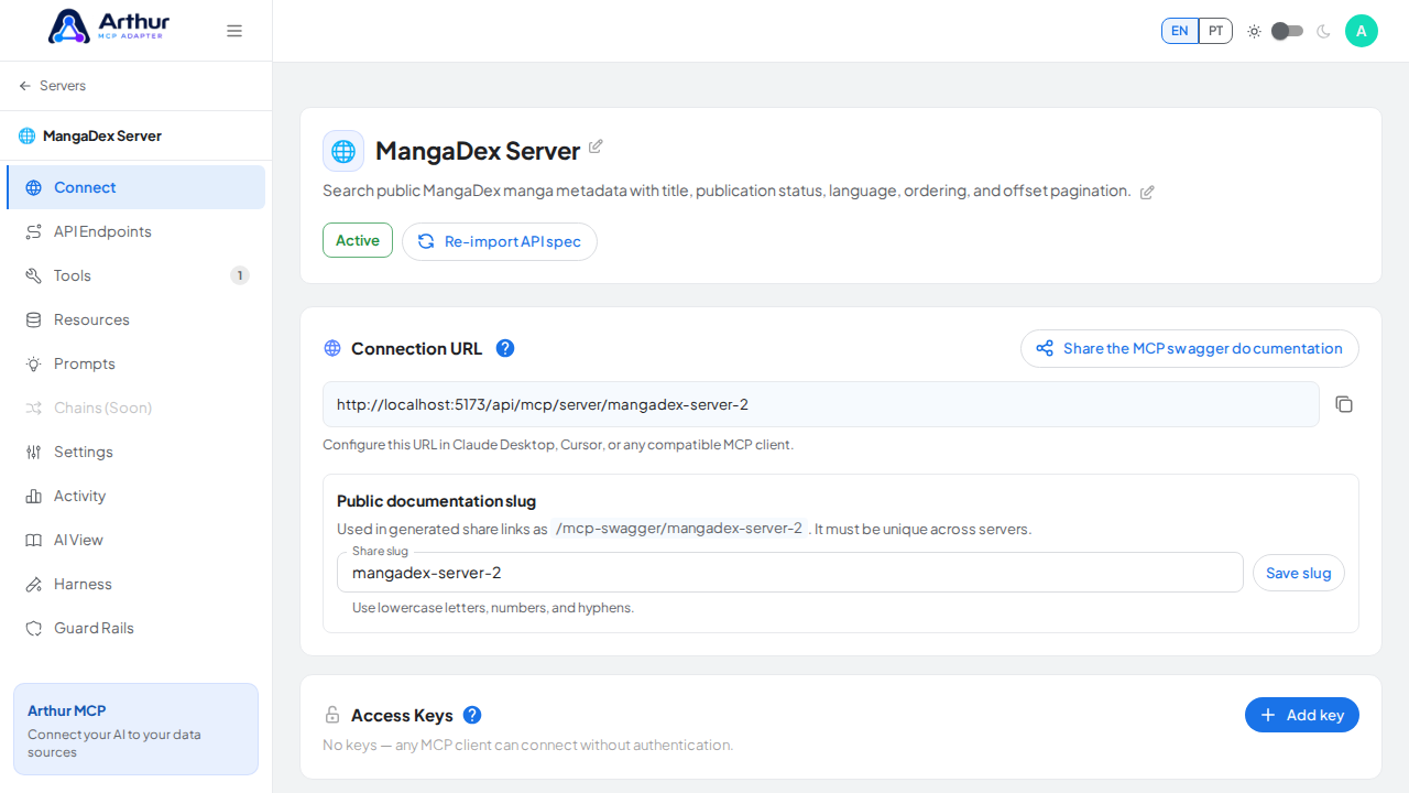 Open the server's Connect section, where the MCP endpoint and its documentation live