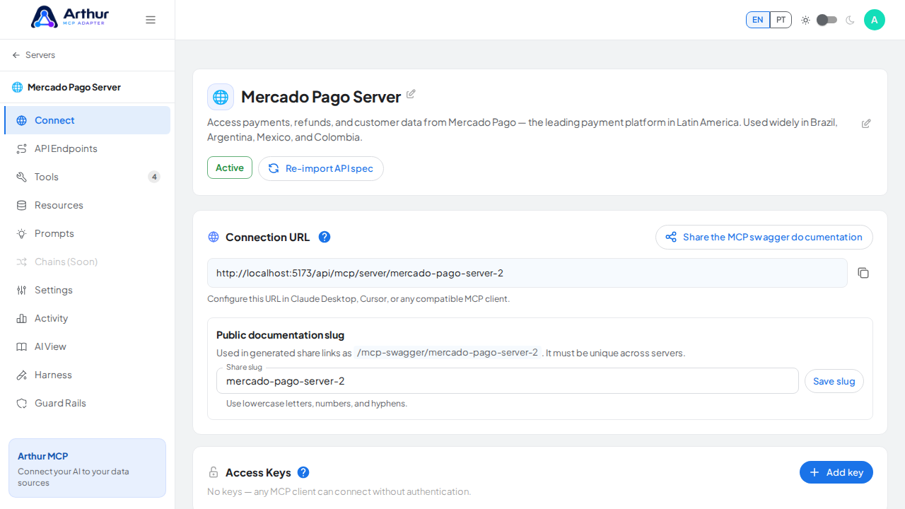 Open the server's Connect section, where the MCP endpoint and its documentation live