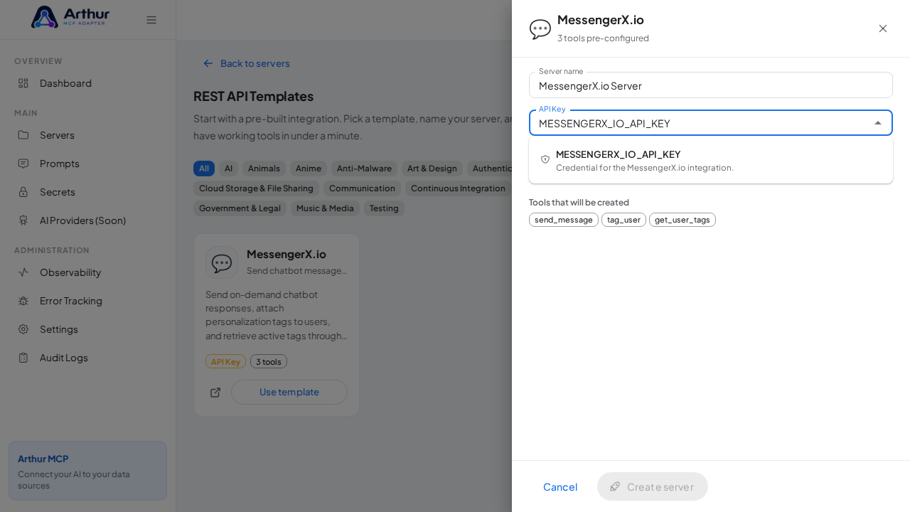 Pick the MESSENGERXIOAPIKEY secret from the vault suggestions
