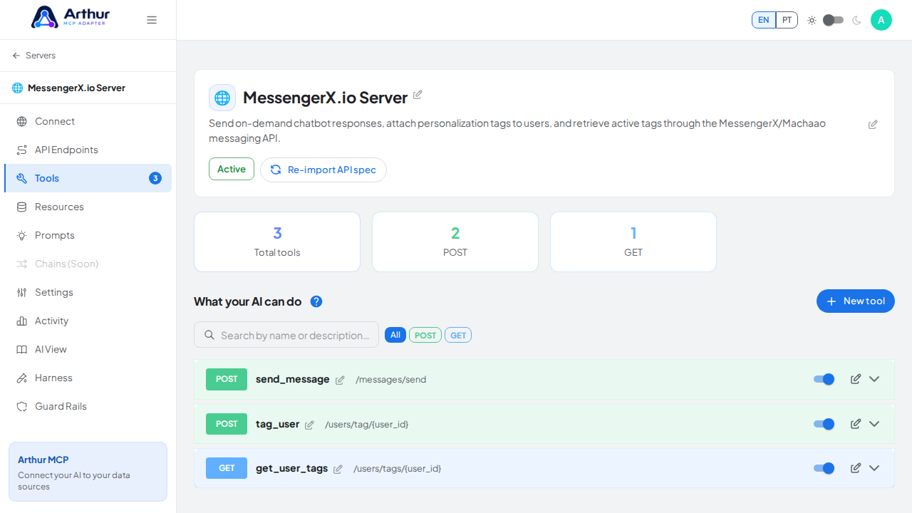 Review the tools generated from the MessengerX.io template