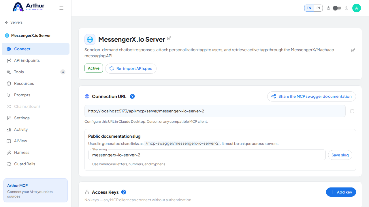 Open the server's Connect section, where the MCP endpoint and its documentation live