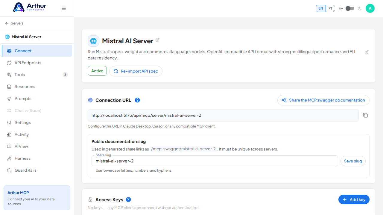 Open the server's Connect section, where the MCP endpoint and its documentation live