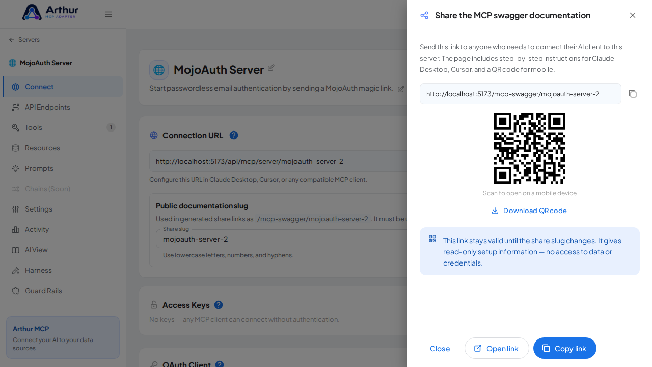 Show the generated swagger documentation link and QR code for this server