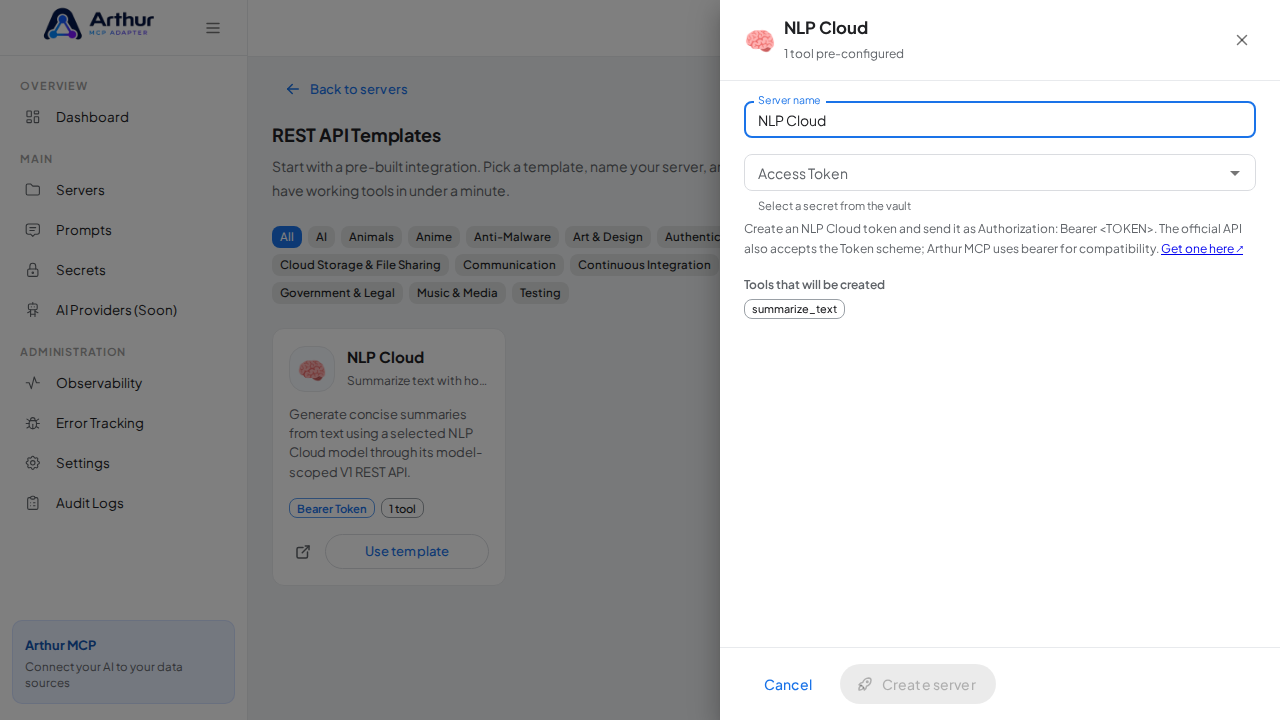 Open the NLP Cloud template with its preconfigured tools
