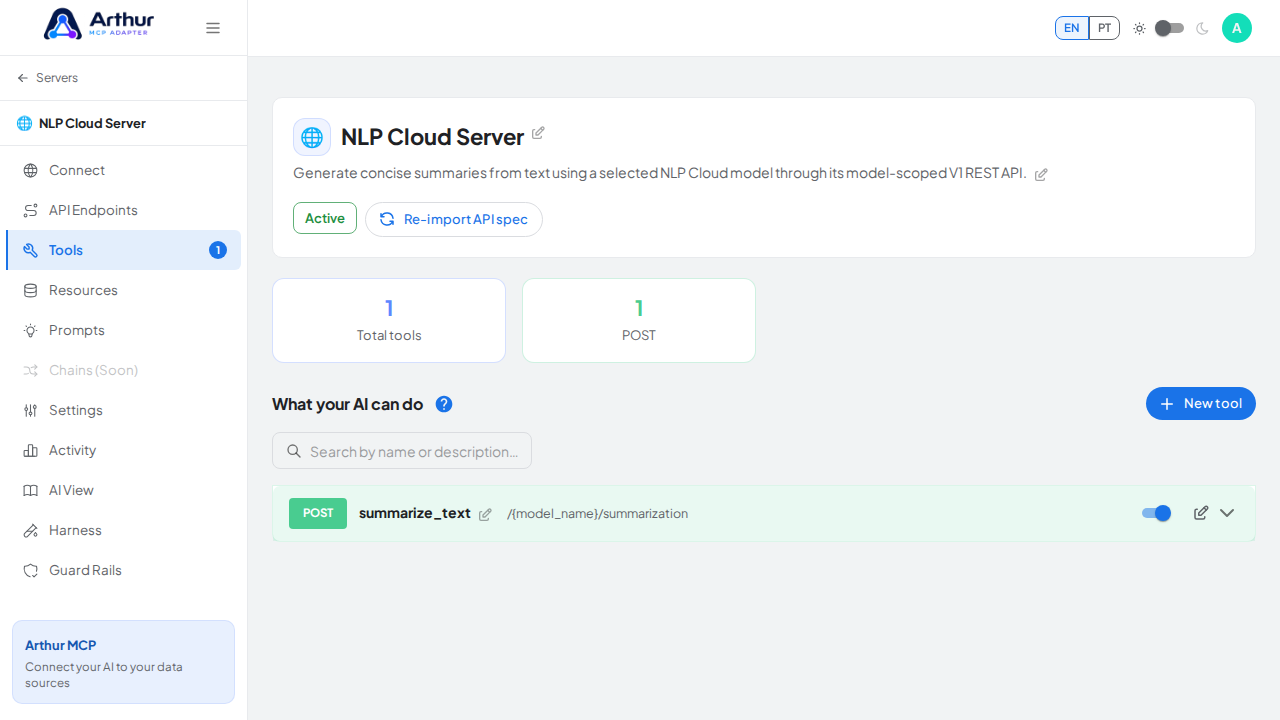 Review the tools generated from the NLP Cloud template