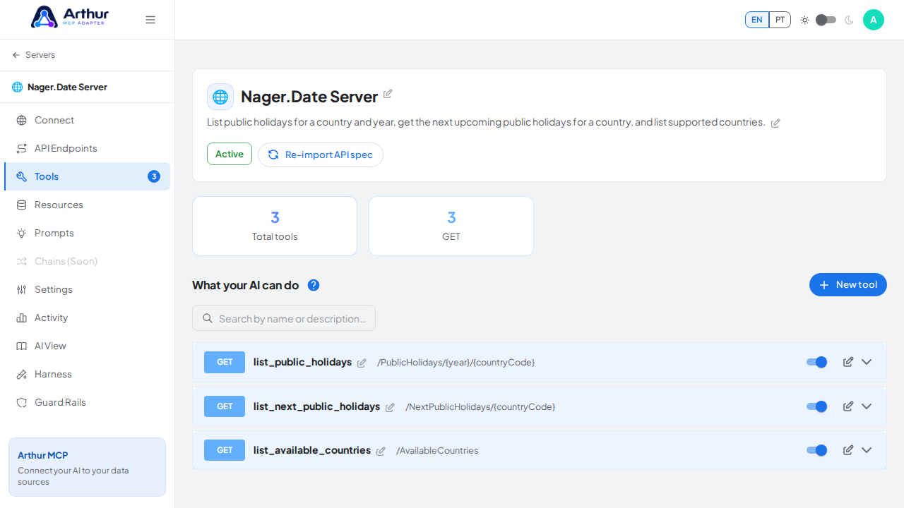 Review the tools generated from the Nager.Date template