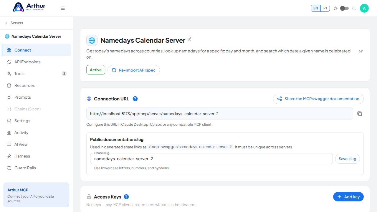 Create the Namedays Calendar server with its preconfigured tools