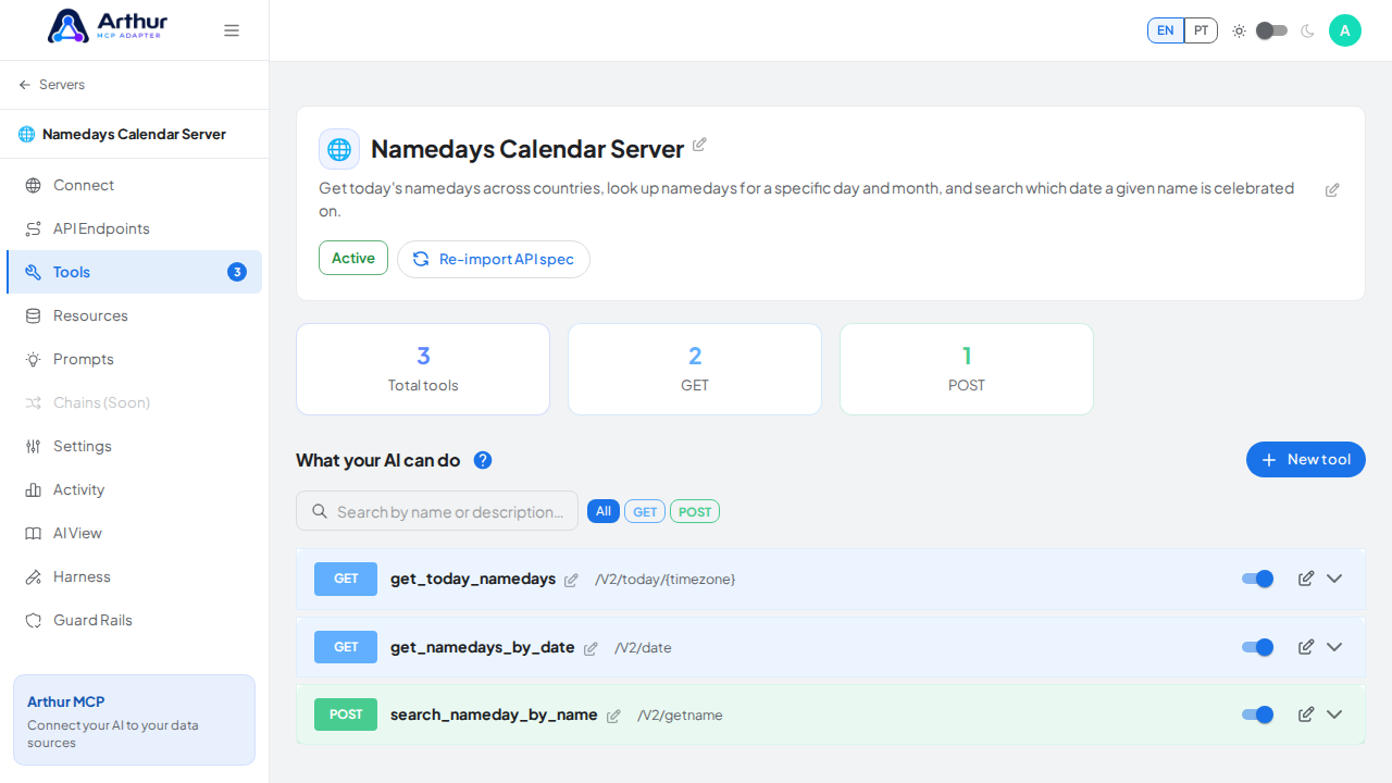 Review the tools generated from the Namedays Calendar template