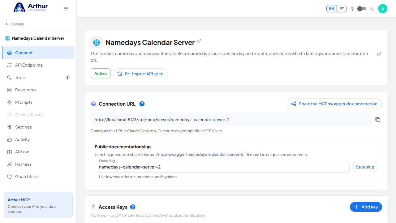 Open the server's Connect section, where the MCP endpoint and its documentation live