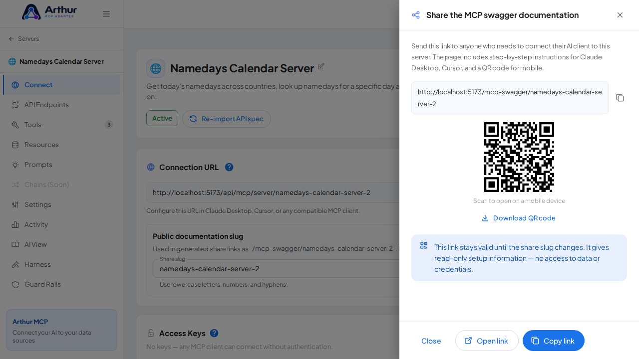 Open the MCP swagger documentation share panel
