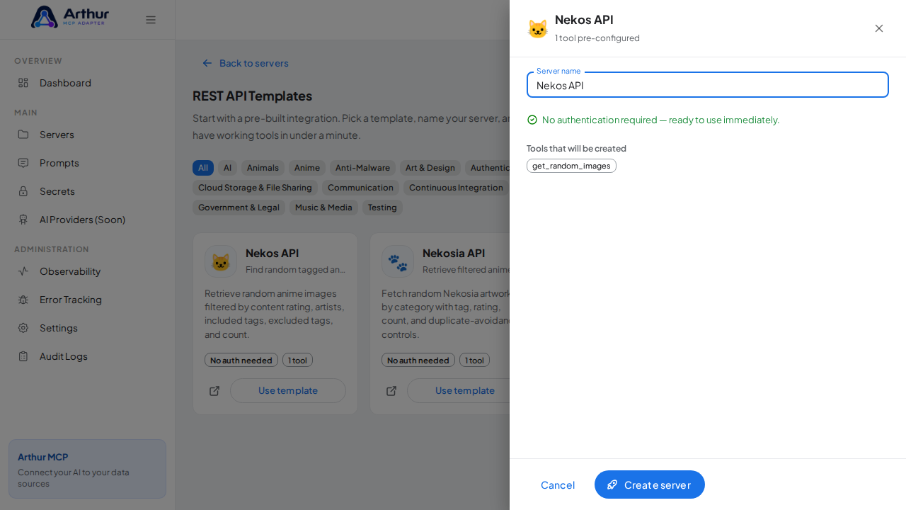 Open the Nekos API template with its preconfigured tools