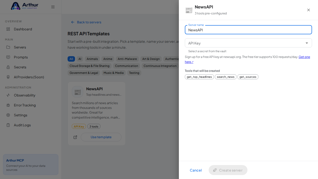 Open the NewsAPI template with its preconfigured tools