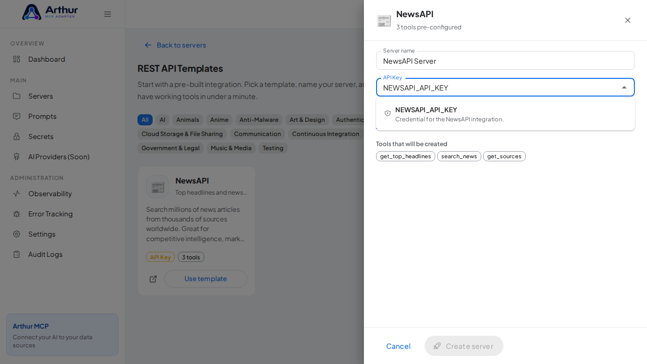 Pick the NEWSAPIAPIKEY secret from the vault suggestions