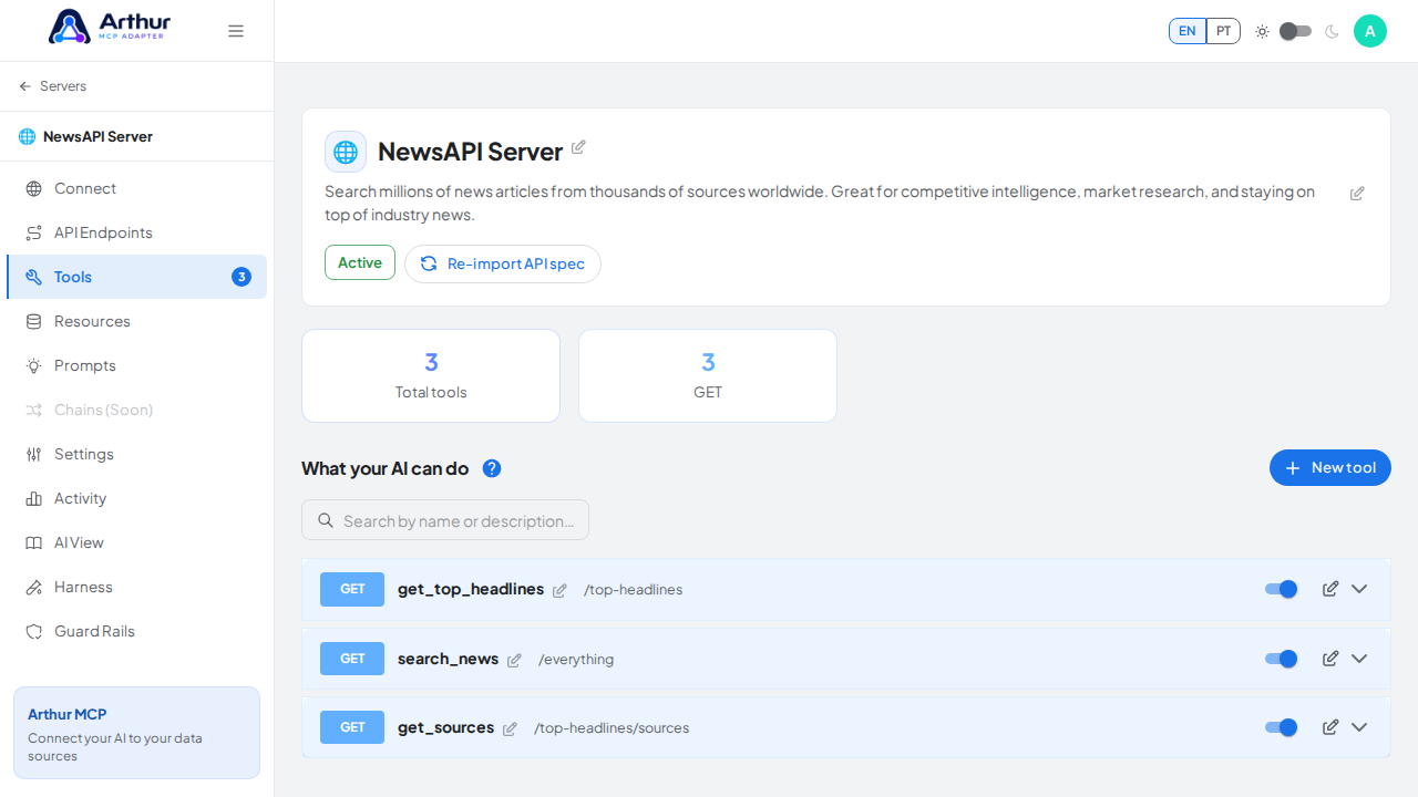Review the tools generated from the NewsAPI template