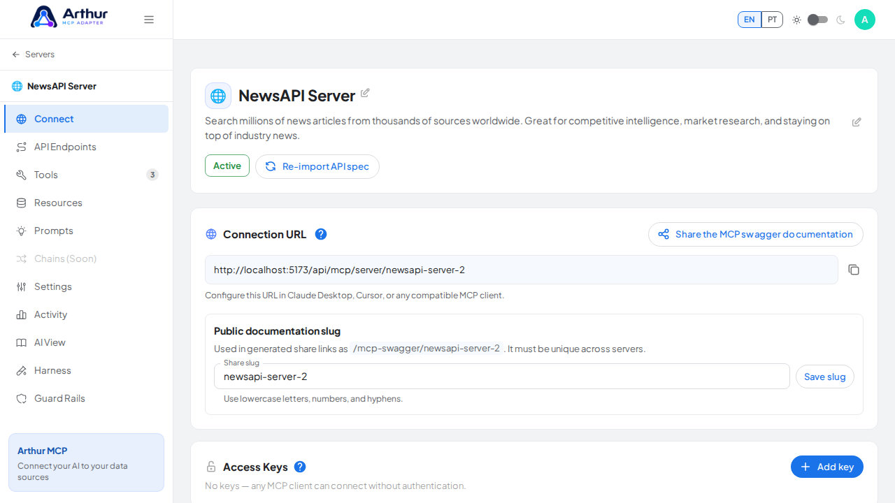 Open the server's Connect section, where the MCP endpoint and its documentation live