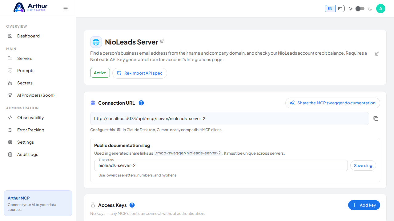 Create the NioLeads server with its preconfigured tools