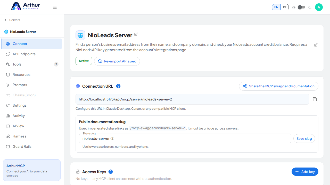 Open the server's Connect section, where the MCP endpoint and its documentation live