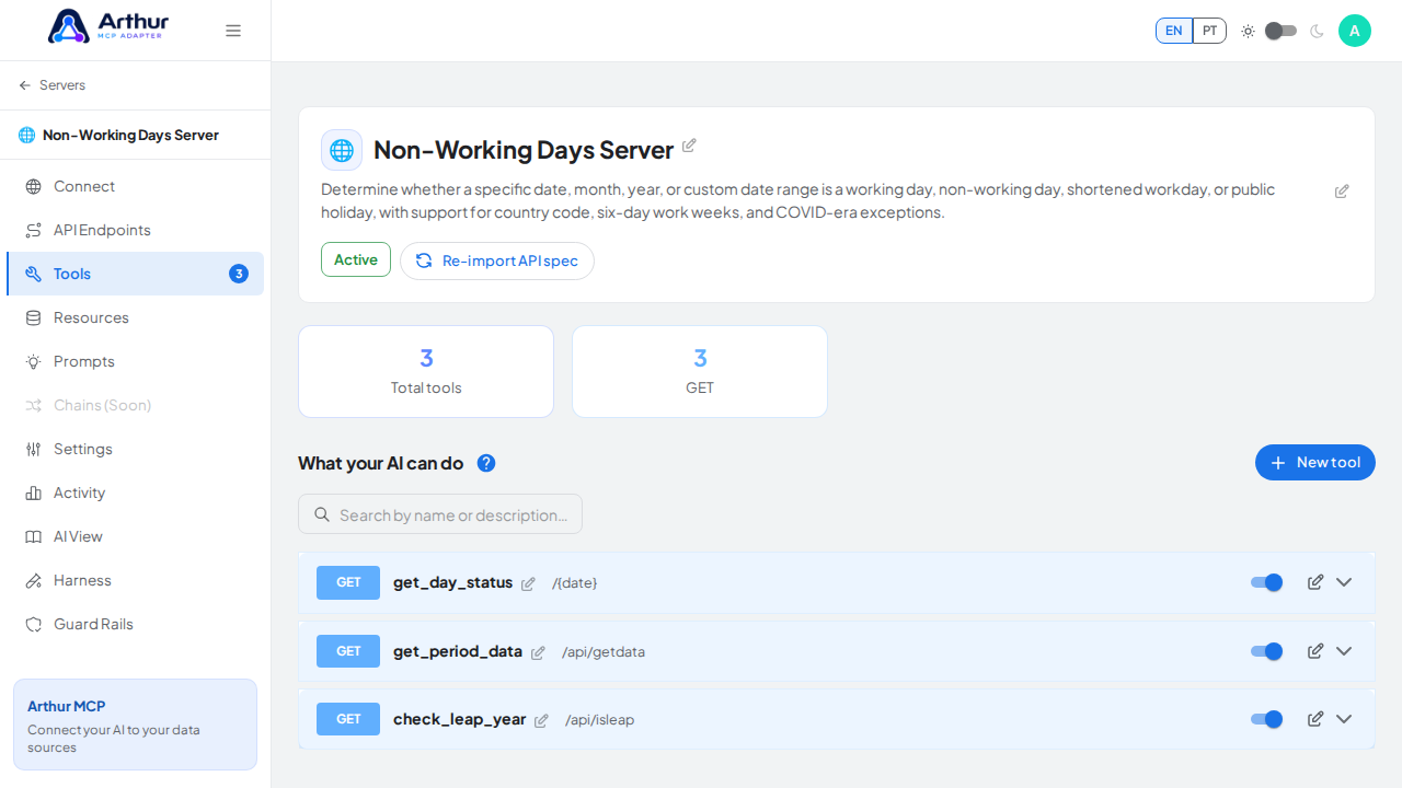 Review the tools generated from the Non-Working Days template