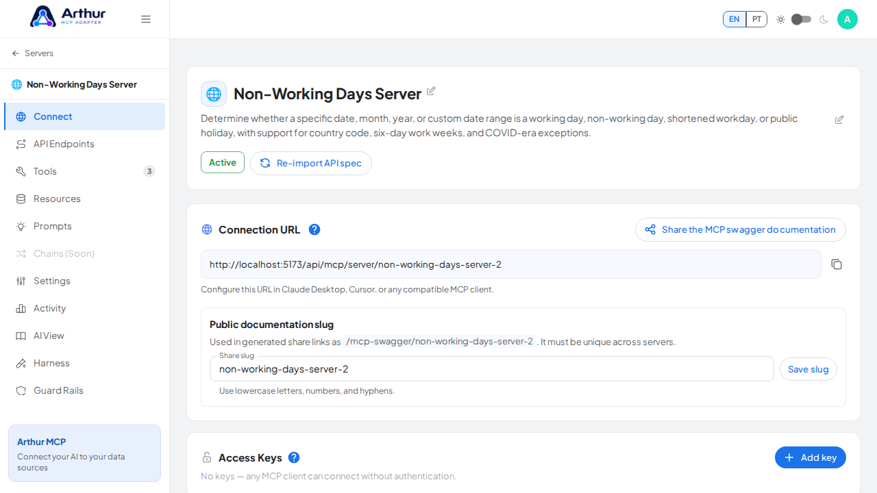 Open the server's Connect section, where the MCP endpoint and its documentation live
